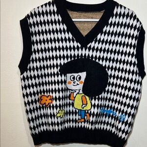 UNIFREE Black and White Sweater Vest with Floral Patch Size SMALL